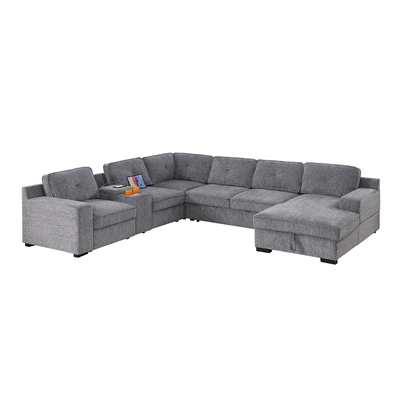 Pemberly Row Chenille Sofa Pull out Sofabed & Multifunctional Console-Gray