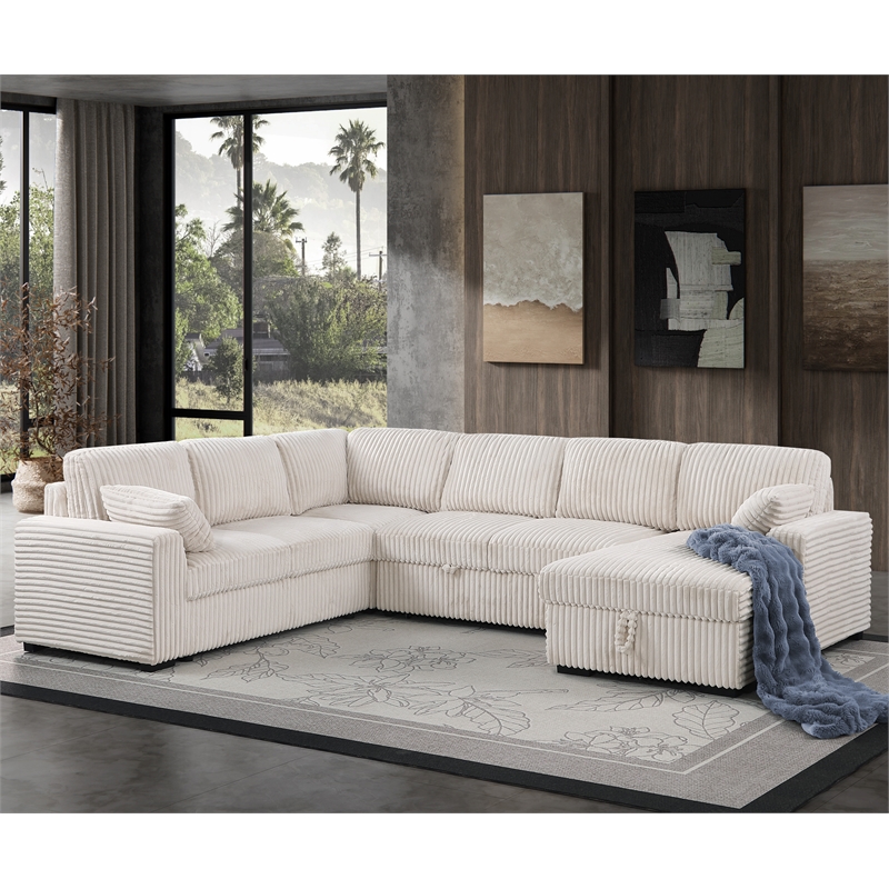 Pemberly Row Fabric U-Shape Sofa Modern Pull out Sofa bed & Storage Space-Beige
