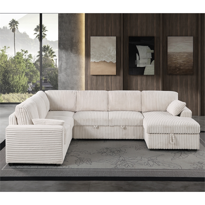 Pemberly Row Fabric U-Shape Sofa Modern Pull out Sofa bed & Storage Space-Beige