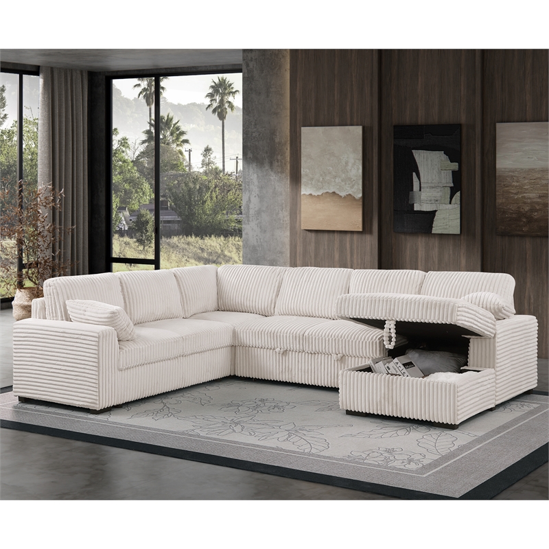 Pemberly Row Fabric U-Shape Sofa Modern Pull out Sofa bed & Storage Space-Beige