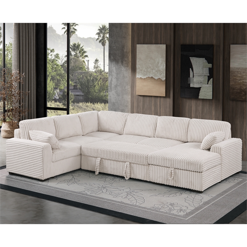 Pemberly Row Fabric U-Shape Sofa Modern Pull out Sofa bed & Storage Space-Beige