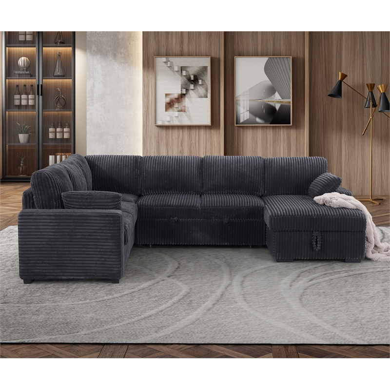 Pemberly Row Fabric U-Shape Sofa Modern Pull out Sofa bed & Storage Space-Gray