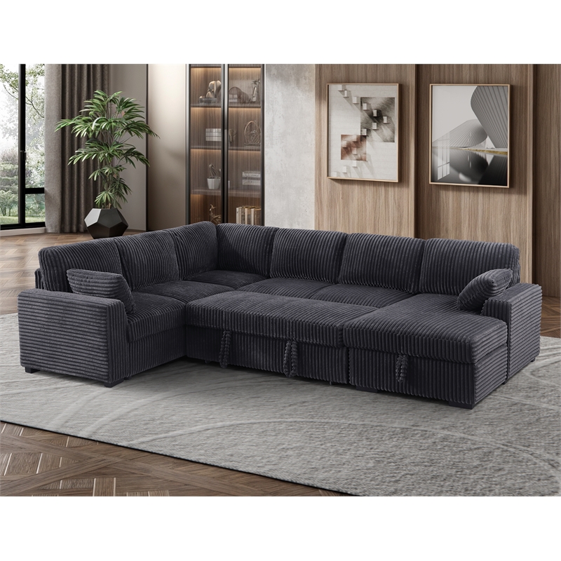 Pemberly Row Fabric U-Shape Sofa Modern Pull out Sofa bed & Storage Space-Gray