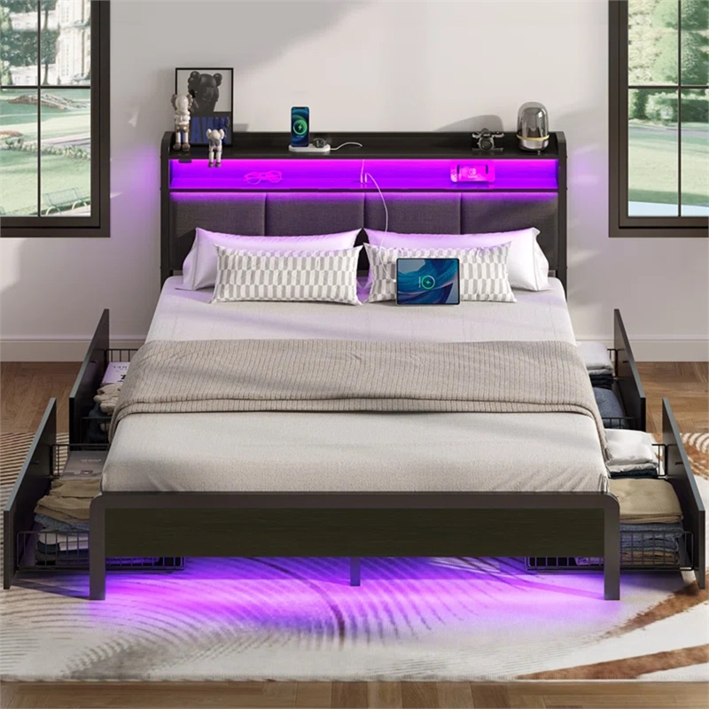 Pemberly Row Queen LED Bed with built in charging station and storage in Black