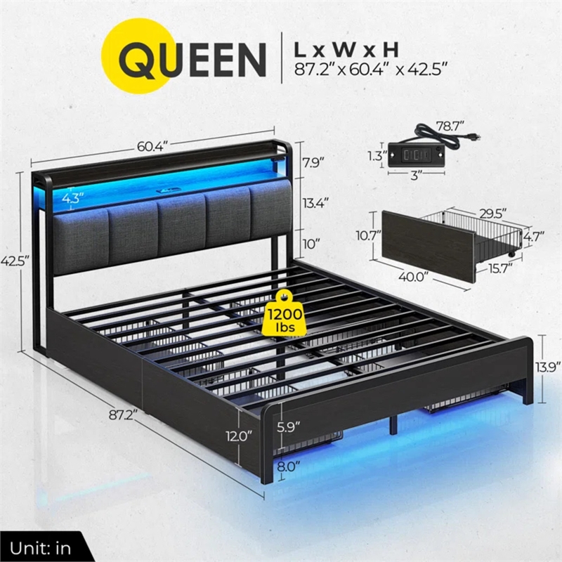 Pemberly Row Queen LED Bed with built in charging station and storage in Black