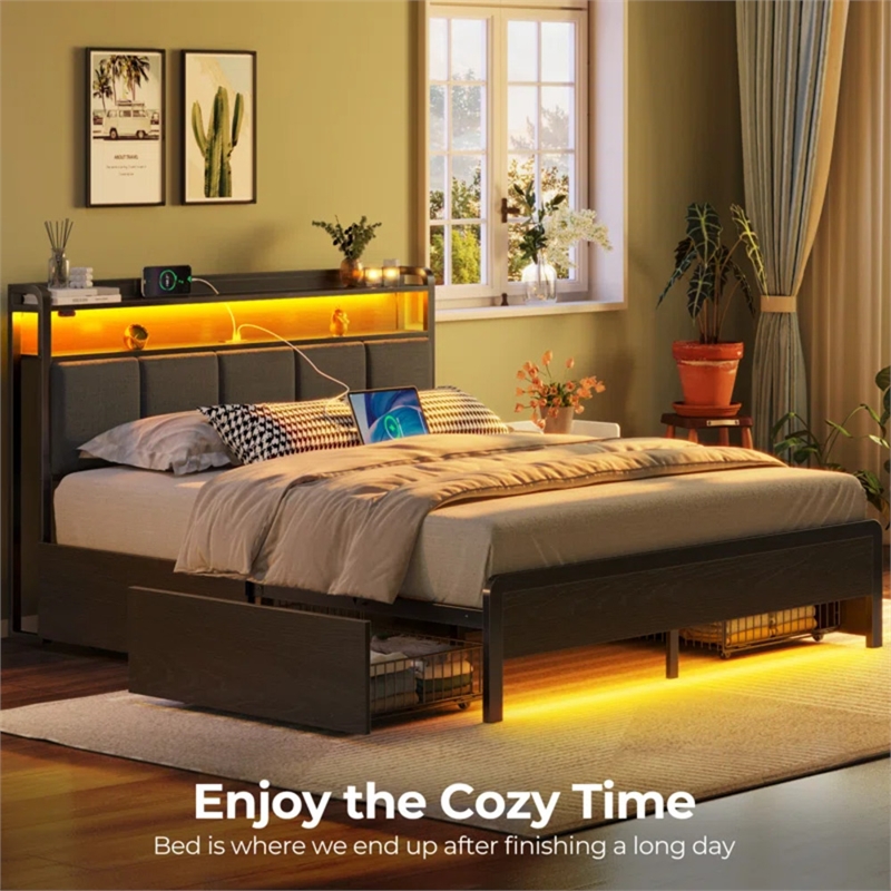 Pemberly Row Queen LED Bed with built in charging station and storage in Black