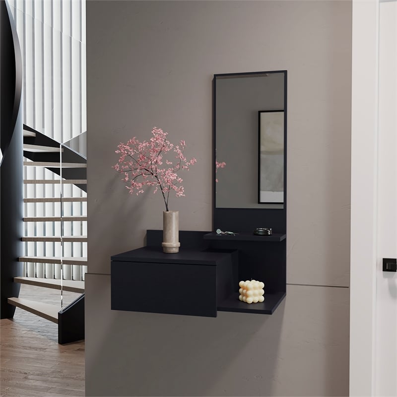 Pemberly Row Contemporary Floating Hallway Cabinet Engineered Wood Black