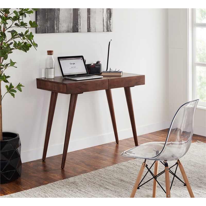 Pemberly Row Contemporary 39 inch Solid Wood Office Desk in Dark Walnut
