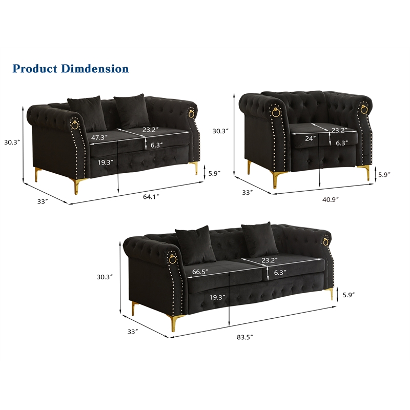 Pemberly Row 3-Pcs Living Room Set Velvet Sofa Set & Golden rivets-Black