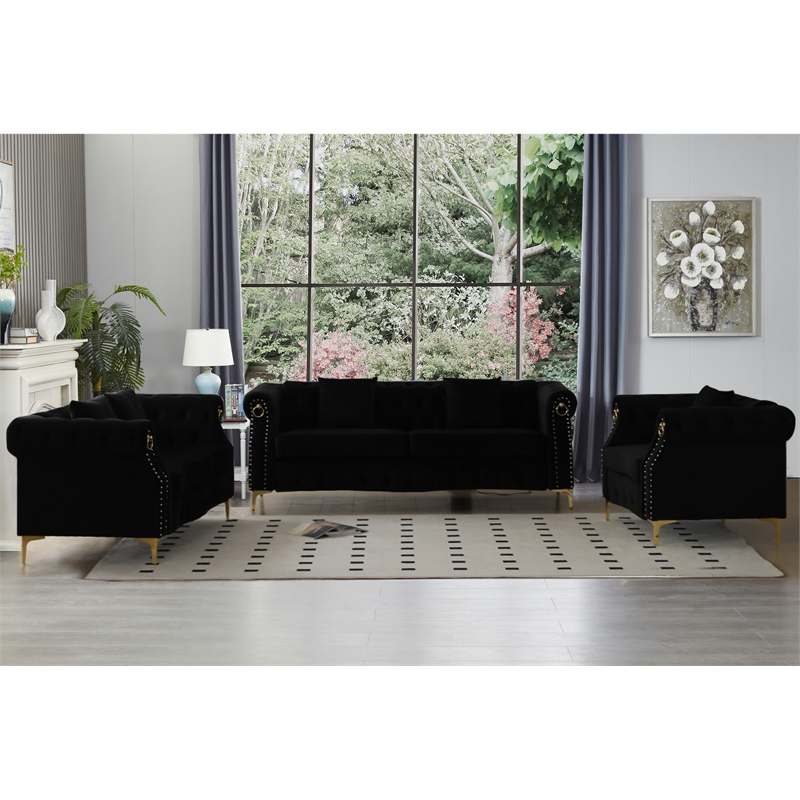 Pemberly Row 3-Pcs Living Room Set Velvet Sofa Set & Golden rivets-Black