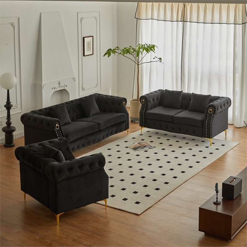 Pemberly Row 3-Pcs Living Room Set Velvet Sofa Set & Golden rivets-Black
