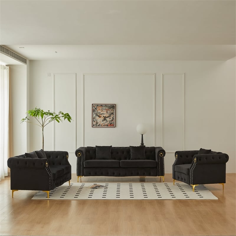 Pemberly Row 3-Pcs Living Room Set Velvet Sofa Set & Golden rivets-Black