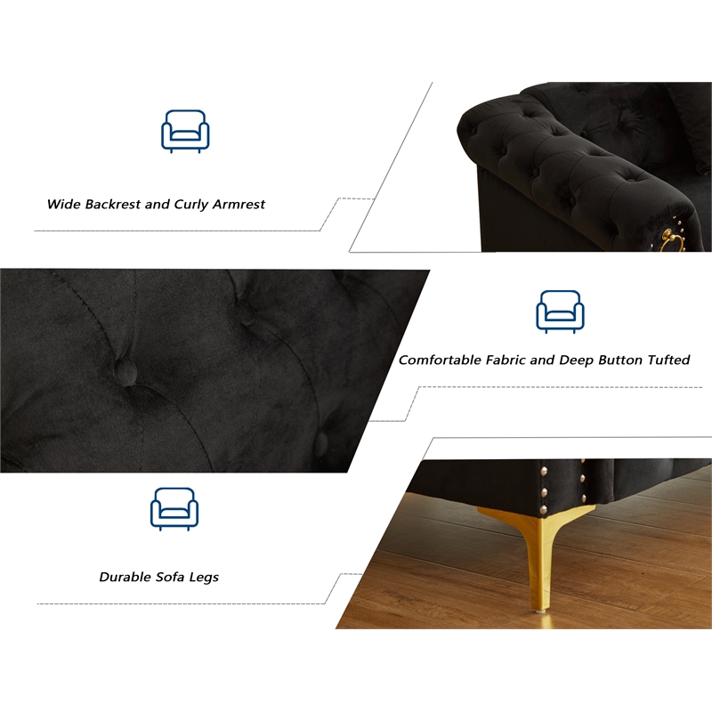 Pemberly Row 3-Pcs Living Room Set Velvet Sofa Set & Golden rivets-Black