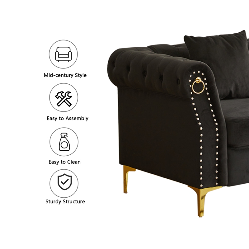 Pemberly Row 3-Pcs Living Room Set Velvet Sofa Set & Golden rivets-Black