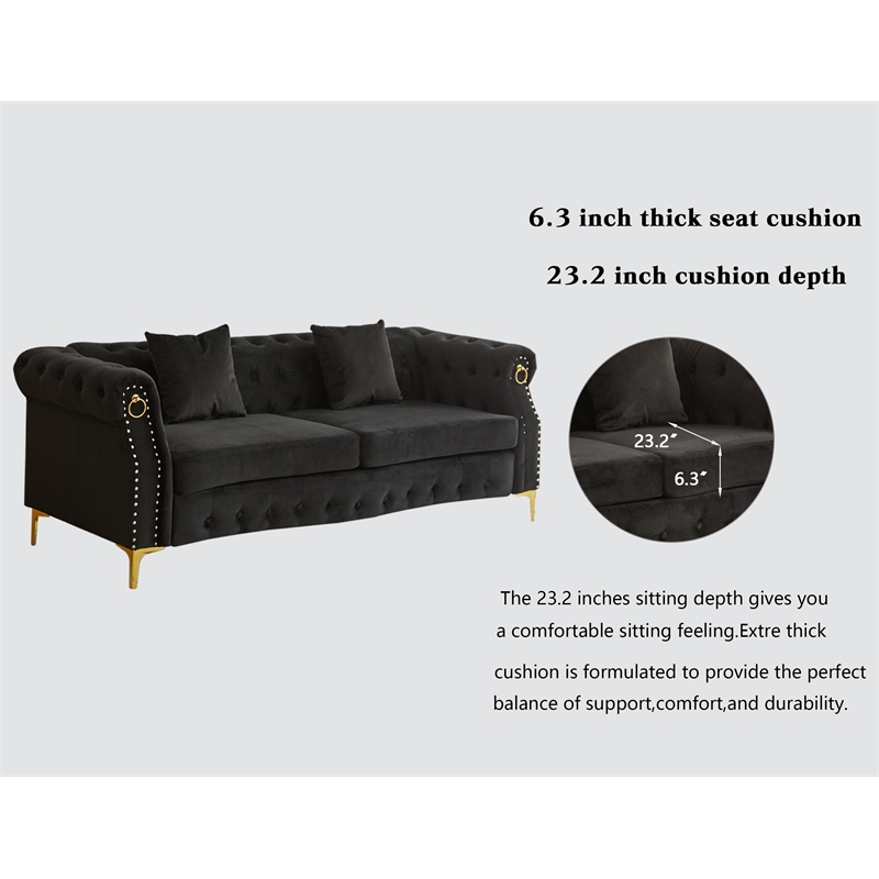 Pemberly Row 3-Pcs Living Room Set Velvet Sofa Set & Golden rivets-Black