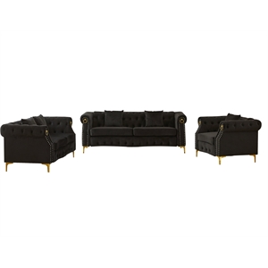 Pemberly Row 3-Pcs Living Room Set Velvet Sofa Set & Golden rivets-Black