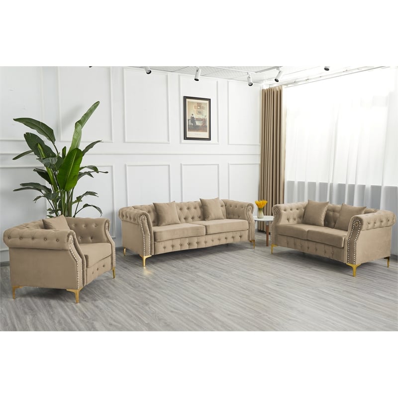 Pemberly Row 3-Pcs Living Room Set Velvet Sofa Set & Golden rivets-Beige
