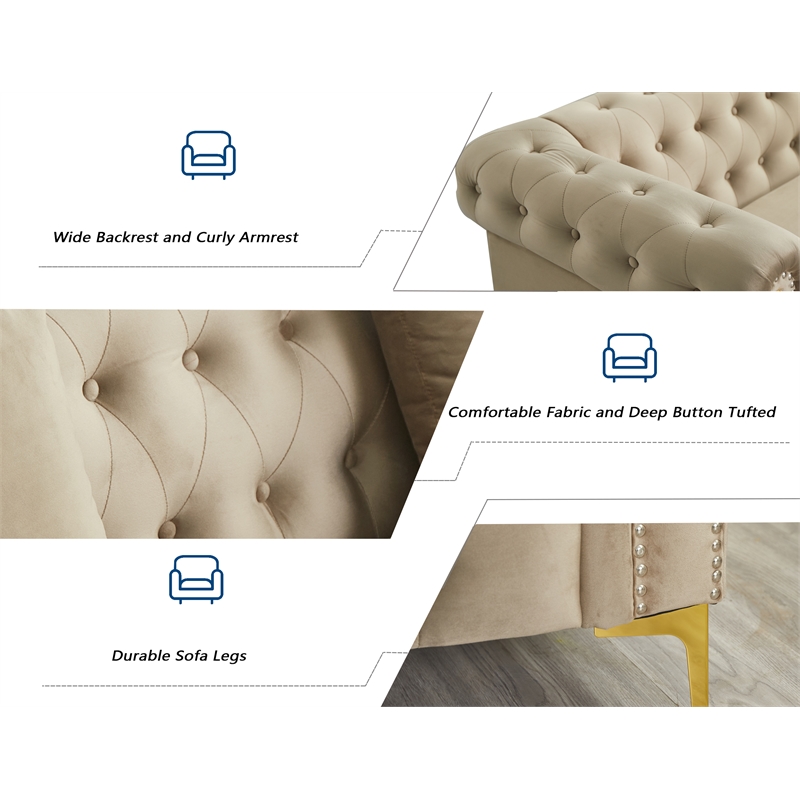 Pemberly Row 3-Pcs Living Room Set Velvet Sofa Set & Golden rivets-Beige