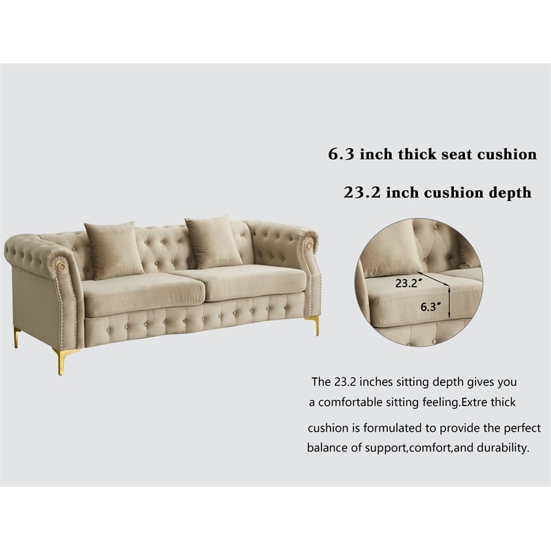 Pemberly Row 3-Pcs Living Room Set Velvet Sofa Set & Golden rivets-Beige