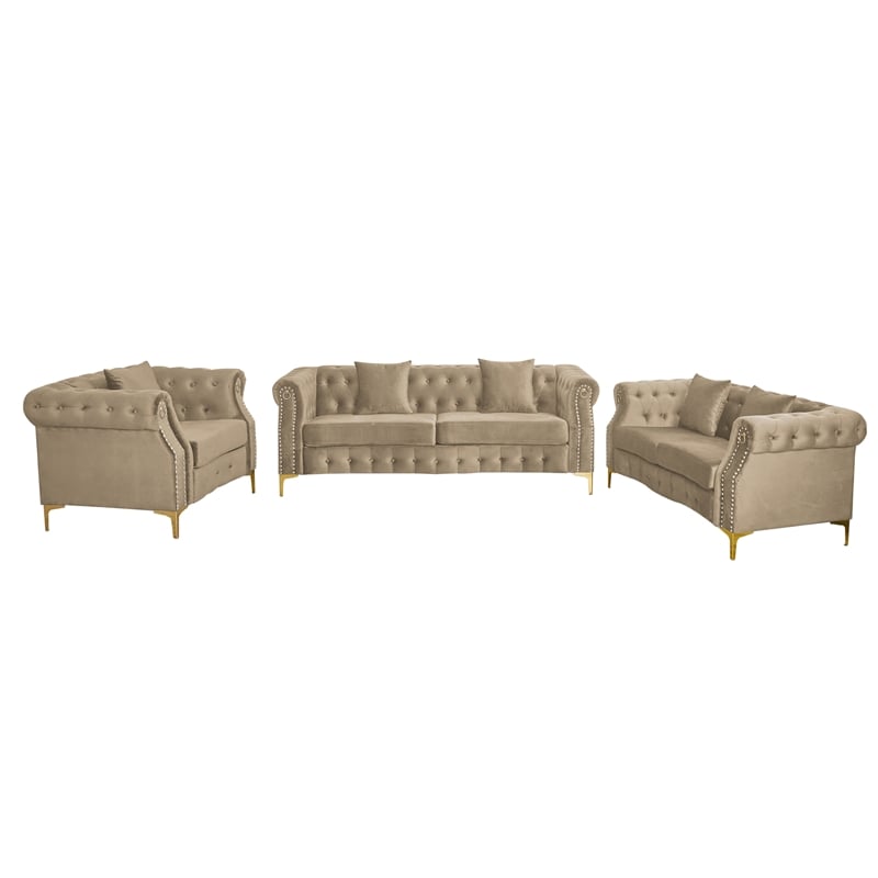 Pemberly Row 3-Pcs Living Room Set Velvet Sofa Set & Golden rivets-Beige