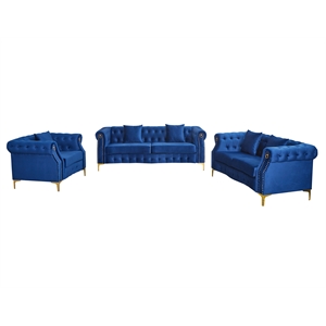 Pemberly Row 3-Pcs Living Room Set Velvet Sofa Set & Golden rivets-Blue