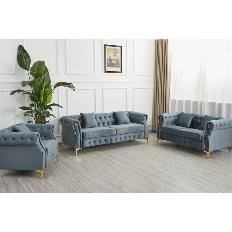 Pemberly Row 3-Pcs Living Room Set Velvet Sofa Set & Golden rivets-Gray