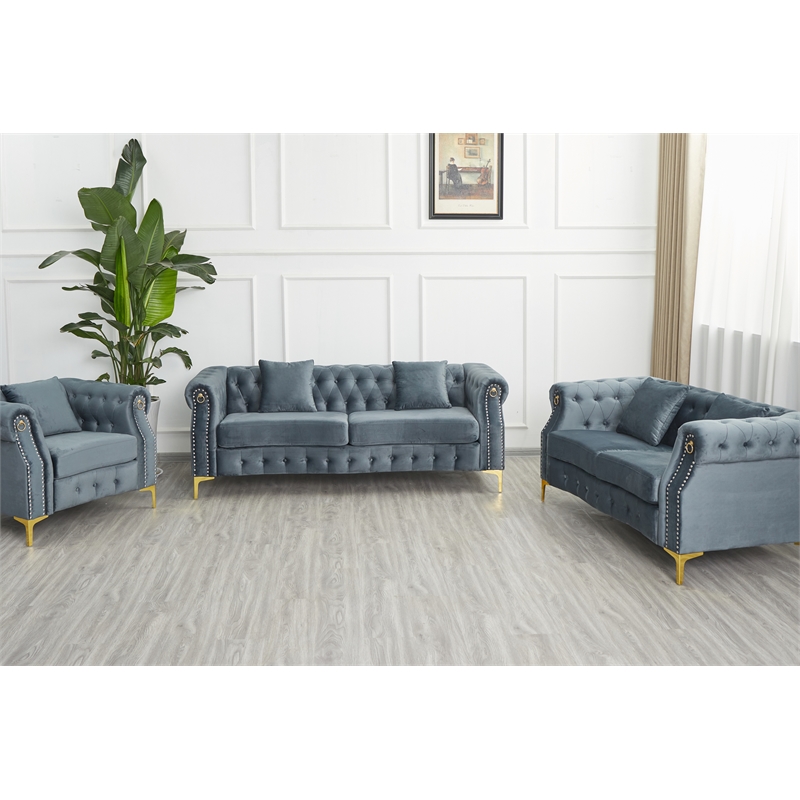 Pemberly Row 3-Pcs Living Room Set Velvet Sofa Set & Golden rivets-Gray