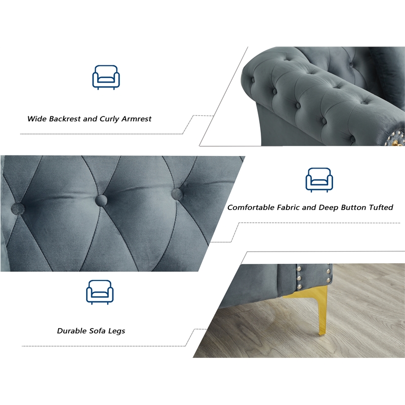 Pemberly Row 3-Pcs Living Room Set Velvet Sofa Set & Golden rivets-Gray