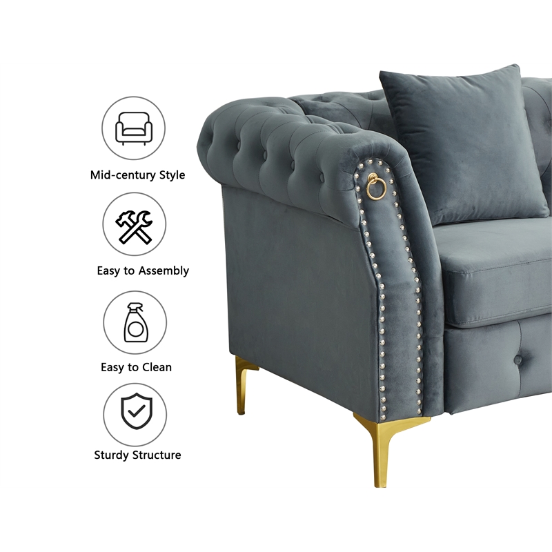 Pemberly Row 3-Pcs Living Room Set Velvet Sofa Set & Golden rivets-Gray