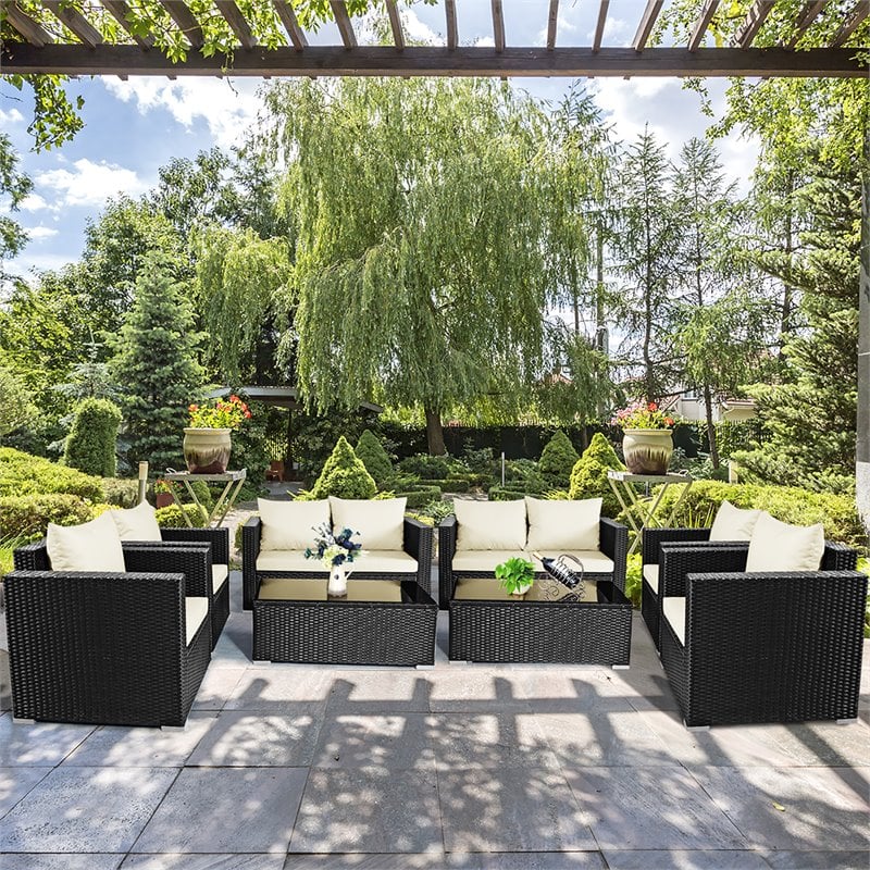 Pemberly Row 8 Pieces Rattan Patio Furniture Set with Cushion in Off White Black