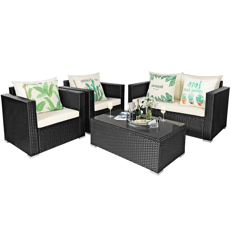 Pemberly Row 8 Pieces Rattan Patio Furniture Set with Cushion in Off White Black