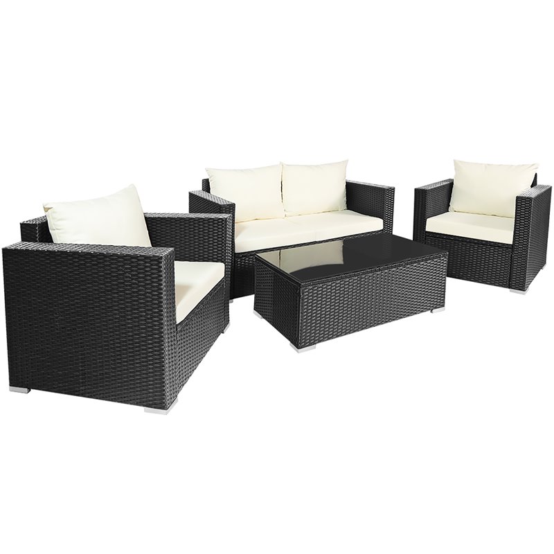 Pemberly Row 8 Pieces Rattan Patio Furniture Set with Cushion in Off White Black