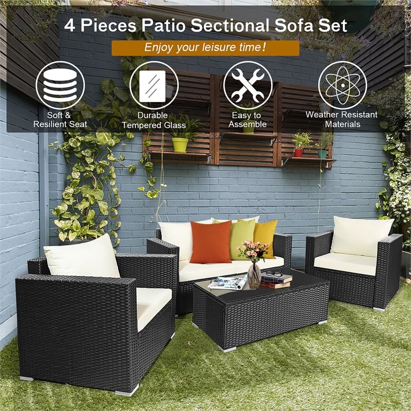 Pemberly Row 8 Pieces Rattan Patio Furniture Set with Cushion in Off White Black