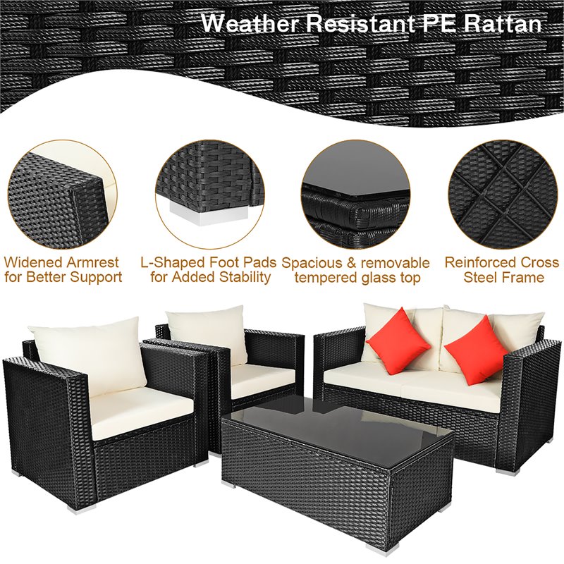 Pemberly Row 8 Pieces Rattan Patio Furniture Set with Cushion in Off White Black