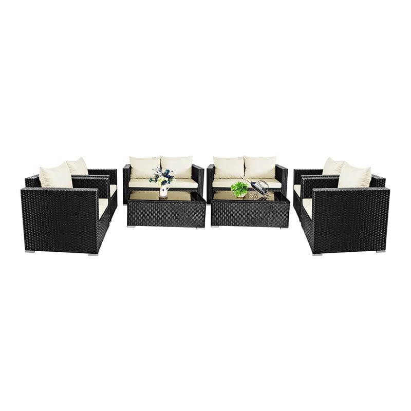 Pemberly Row 8 Pieces Rattan Patio Furniture Set with Cushion in Off White Black