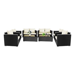 Pemberly Row 8 Pieces Rattan Patio Furniture Set with Cushion in Off White Black