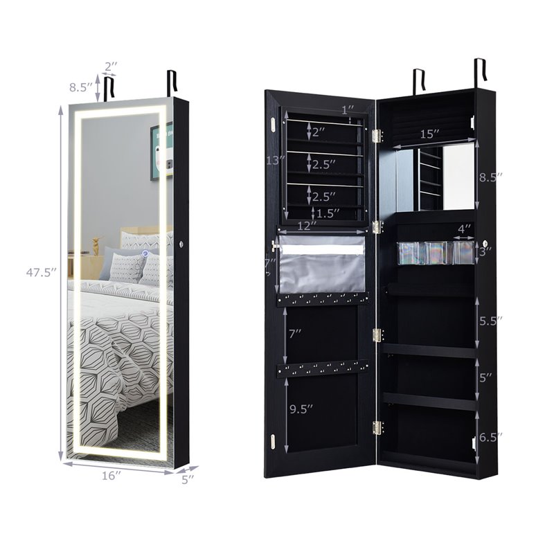 Pemberly Row Density Board & Wall/Door Mount LED Light Jewelry Cabinet in Black
