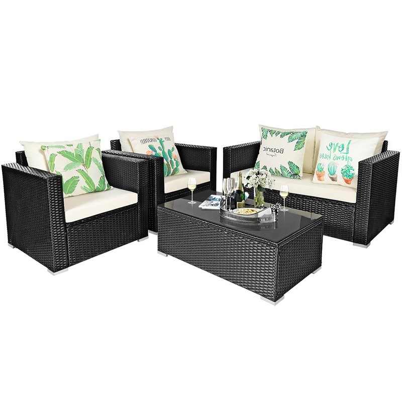 Pemberly Row 4-piece Contemporary Rattan Patio Furniture Set in Off White