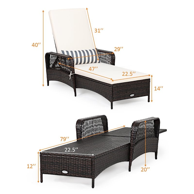 Pemberly Row 2Pcs Rattan Chaise Lounge Chair w/ Armrest & Pillow in Brown/White