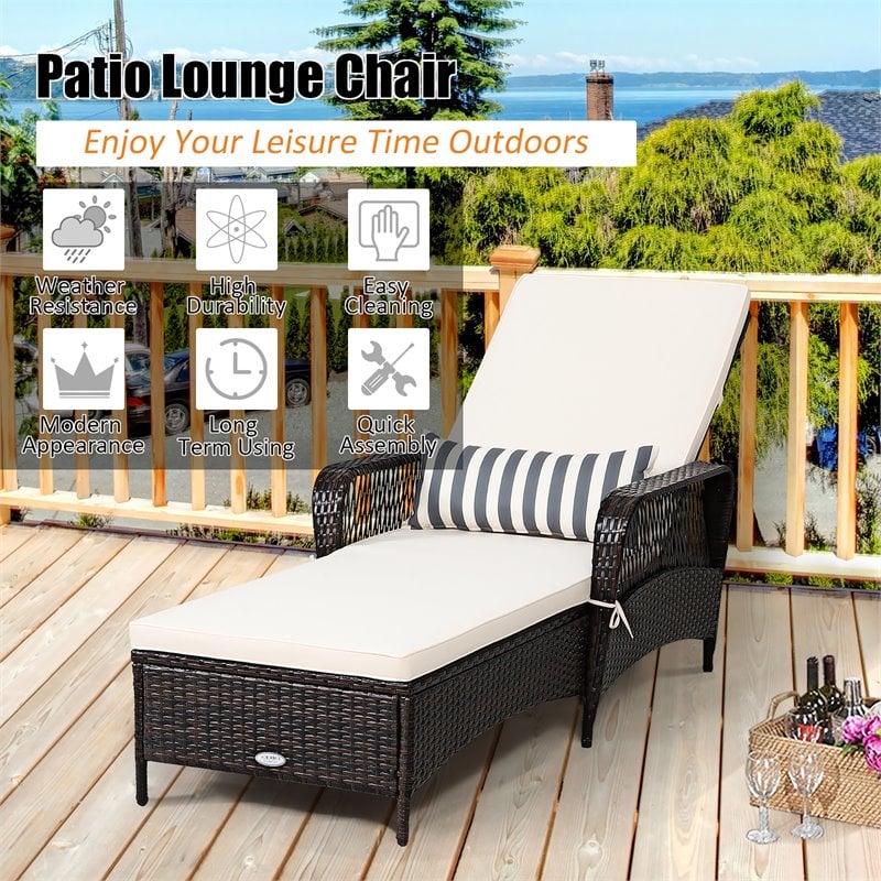Pemberly Row 2Pcs Rattan Chaise Lounge Chair w/ Armrest & Pillow in Brown/White