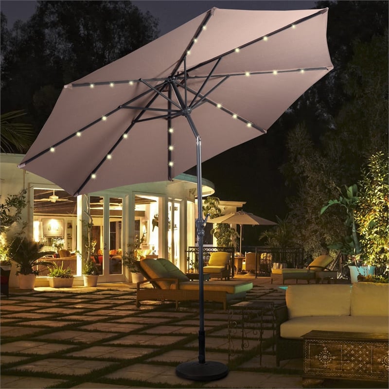 Pemberly Row Patio Solar Umbrella LED Patio Steel Tilt w/ Crank Outdoor (Tan)