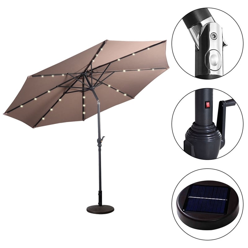 Pemberly Row Patio Solar Umbrella LED Patio Steel Tilt w/ Crank Outdoor (Tan)