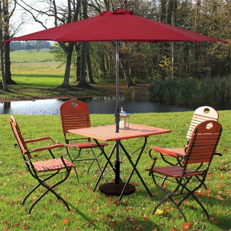 Pemberly Row 9ft Patio Solar Umbrella LED Patio w/ Crank Outdoor Burgundy Red