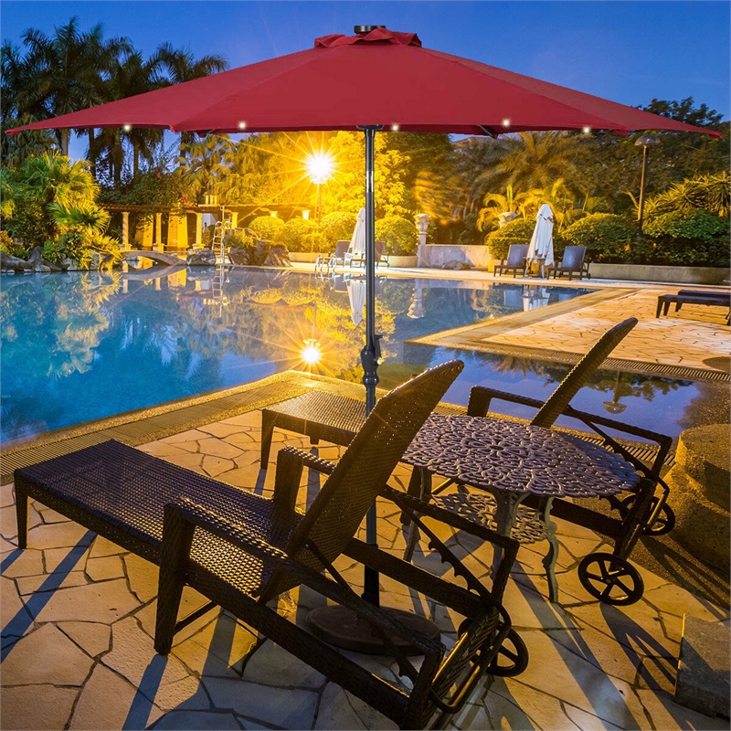 Pemberly Row 9ft Patio Solar Umbrella LED Patio w/ Crank Outdoor Burgundy Red