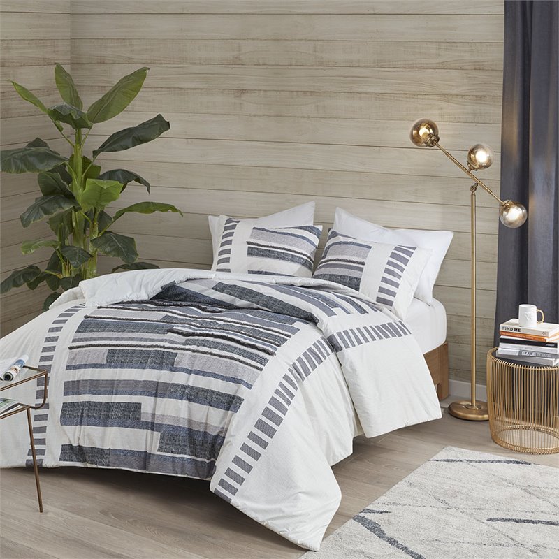 Pemberly Row Contemporary Mid-Century Cotton Comforter Mini Set in Navy