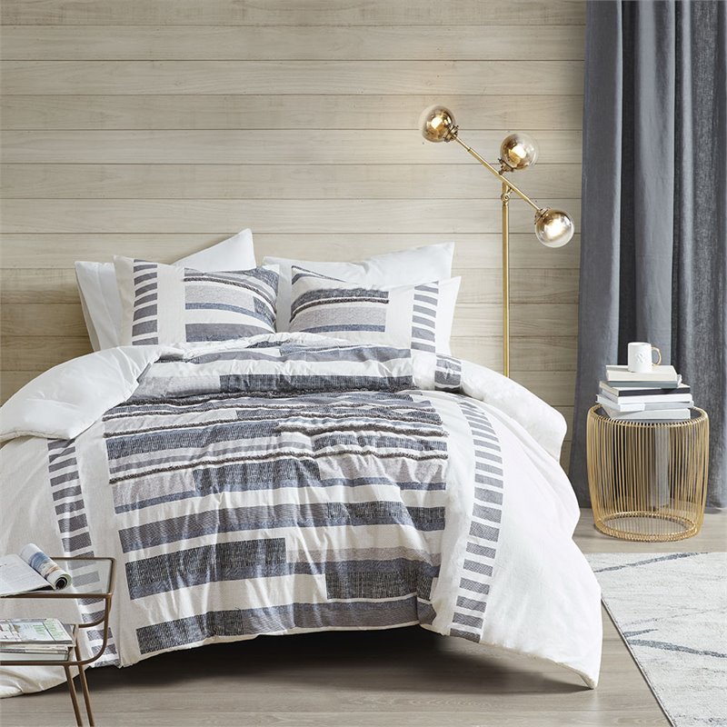 Pemberly Row Contemporary Mid-Century Cotton Comforter Mini Set in Navy
