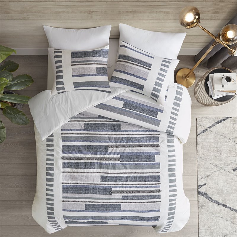 Pemberly Row Contemporary Mid-Century Cotton Comforter Mini Set in Navy