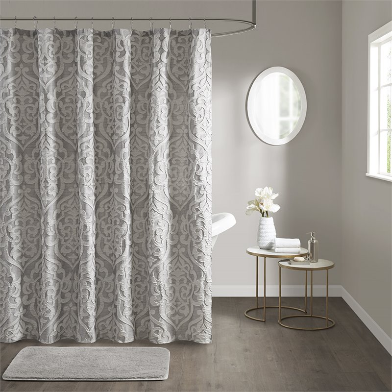 Pemberly Row Contemporary Polyester Jacquard Shower Curtain in Silver