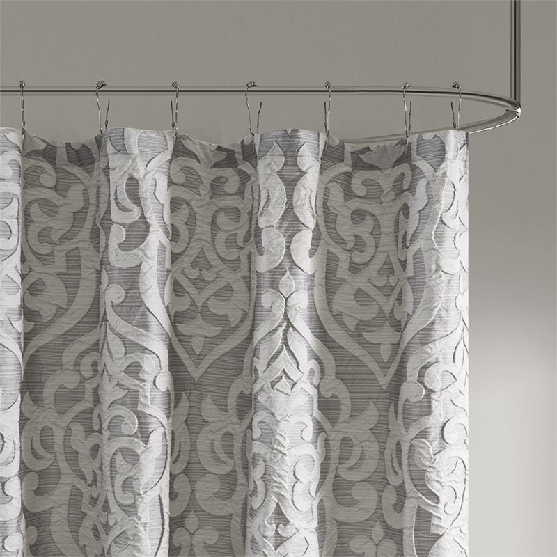 Pemberly Row Contemporary Polyester Jacquard Shower Curtain in Silver