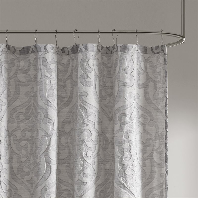 Pemberly Row Contemporary Polyester Jacquard Shower Curtain in Silver